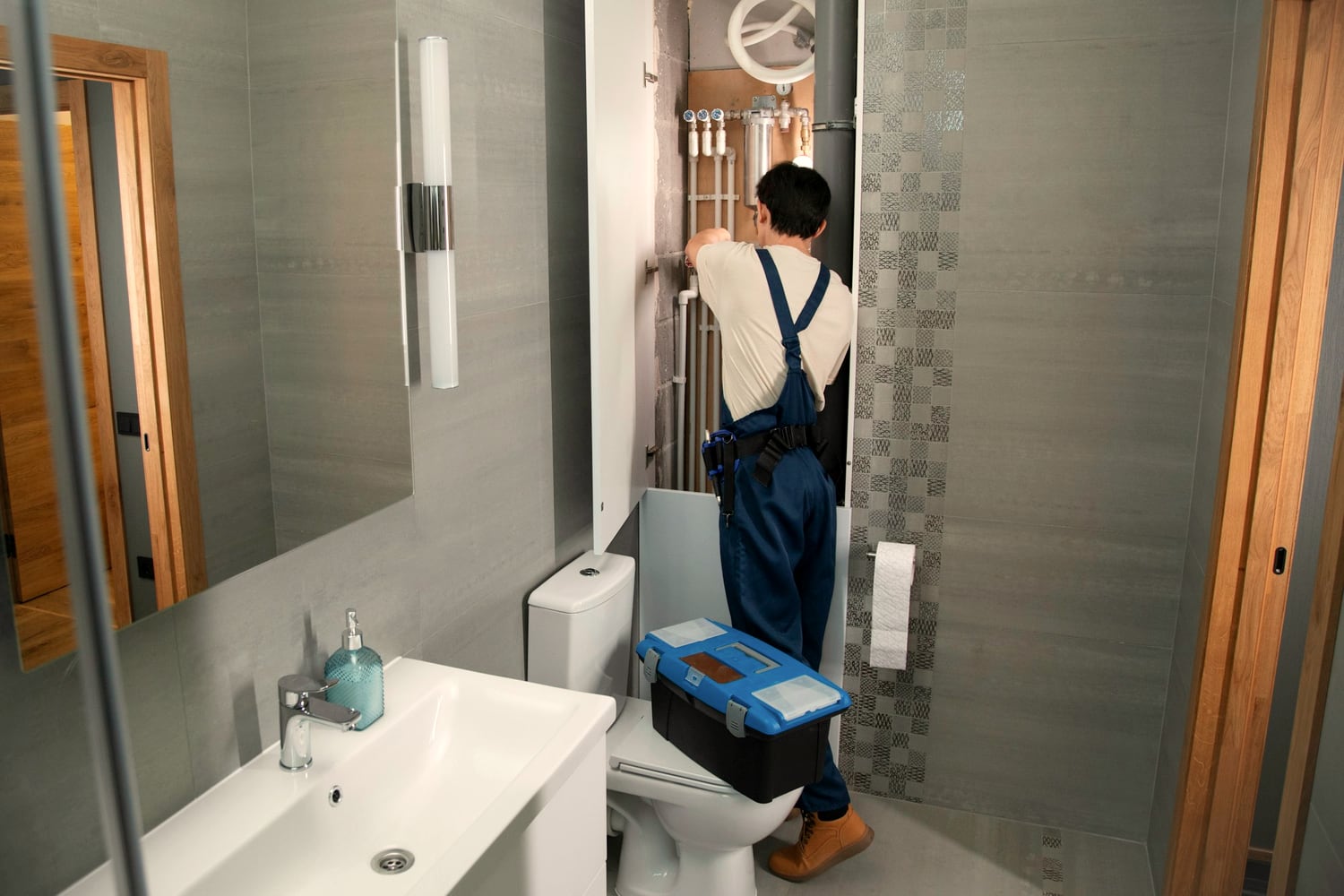 Plumber working on the pipes in a bathroom